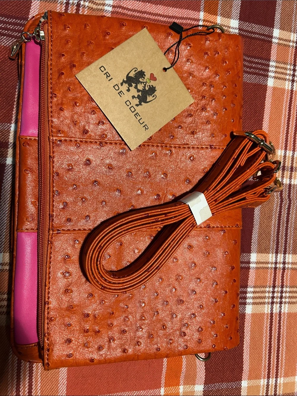 Cri De Coeur Orange FEAUX Ostrich -Texture Zip Bag with Pink Details